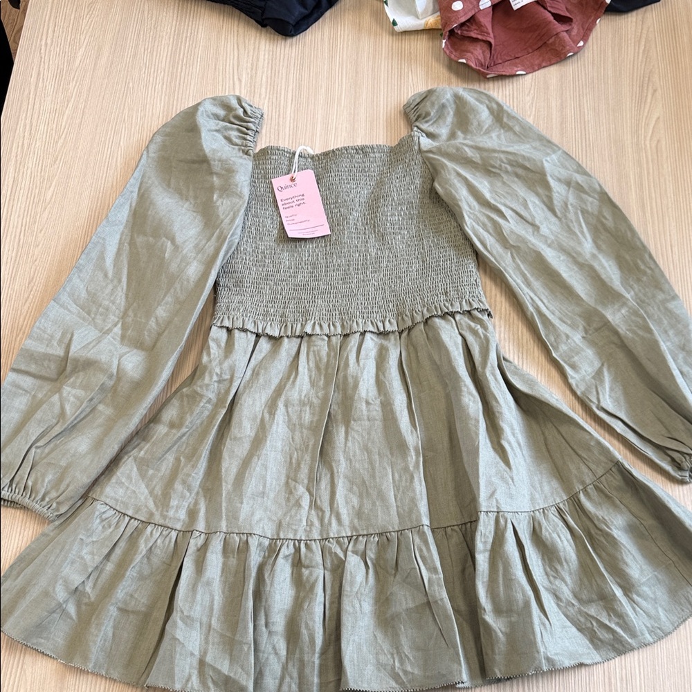 Green Smocked Long Sleeve Dress
